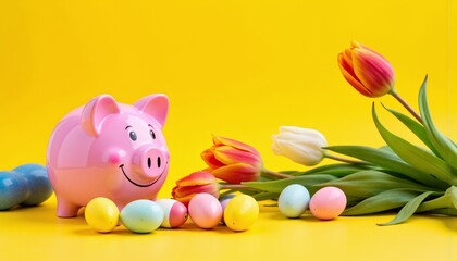 Pink Piggy Bank with Easter Eggs and Flowers on Yellow Background  