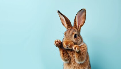 Obraz premium Cute brown rabbit posing against a light blue background 