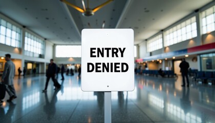 Entry Denied Sign at Airport with Busy Terminal Background  