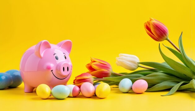 Pink Piggy Bank with Easter Eggs and Flowers on Yellow Background
