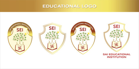 Set of Four School Logo Designs, Featuring Emblem with Educational Symbols and Colorful Palette on White Background