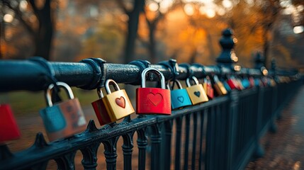 Love padlocks attached to a fence in the park, symbolizing romance and lasting relationships 