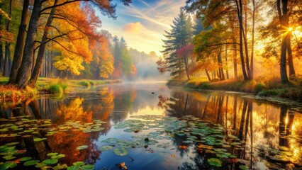 Obraz premium Serene autumnal sunrise over a tranquil river reflecting vibrant foliage, creating a picturesque landscape of golden and russet hues