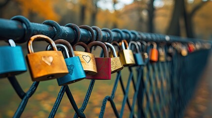 Love padlocks attached to a fence in the park, symbolizing romance and lasting relationships 