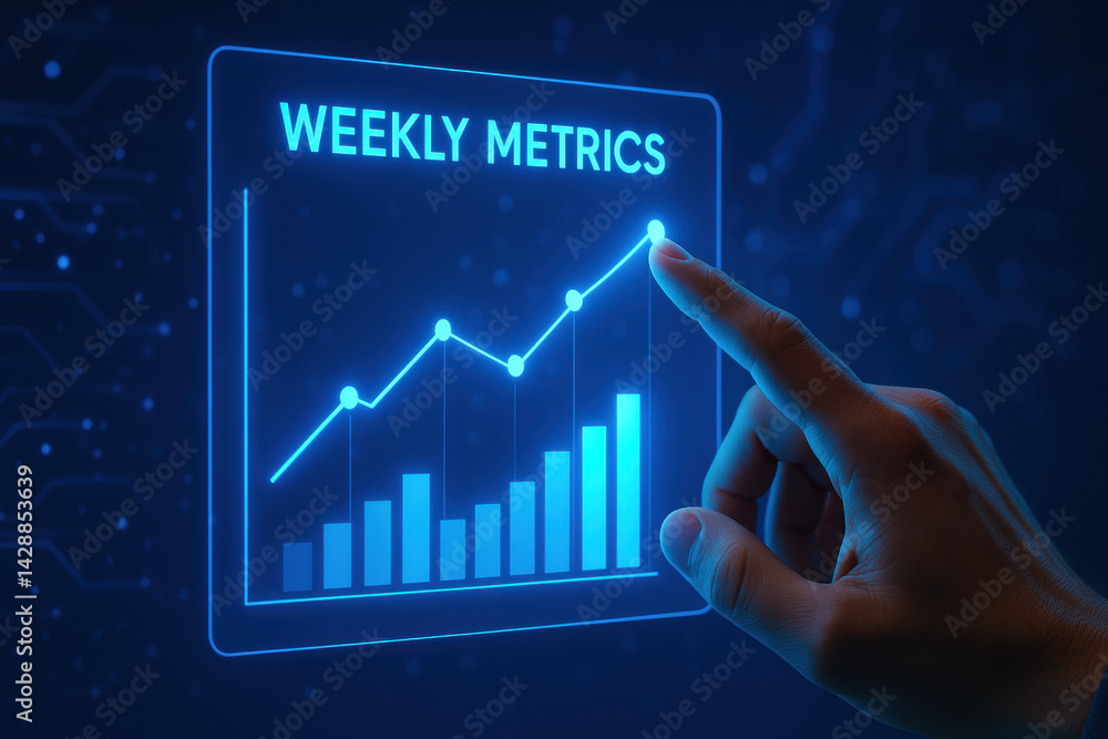 Poster a hand interacts with a glowing digital chart displaying weekly metrics highlighting strategy and bu