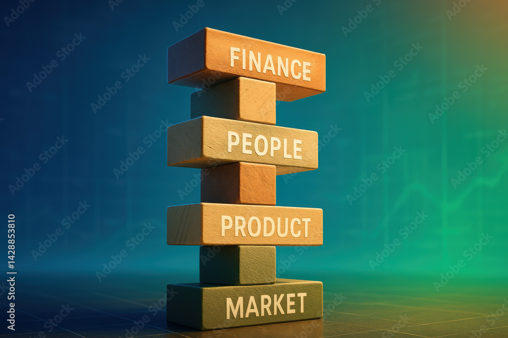 Poster this digital tower showcases interlocking blocks each labeled with key business concepts like financ