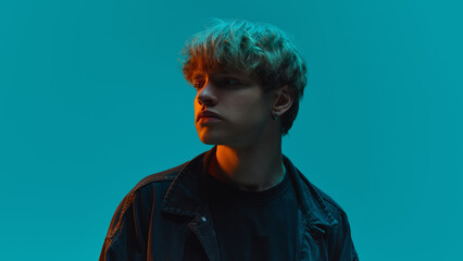 Close up portrait of young attractive man with curly hairstyle, dressed stylish black outfit posing...
