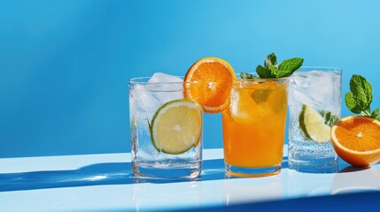 Fototapeta premium Fresh drinks in the sun, orange and ice glistening against vivid blue background