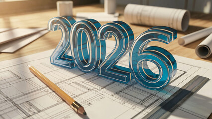 Blueprint Desk Scene Featuring the Year 2026 in Transparent Numbers