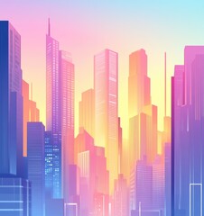 Cyberpunk Futuristic Cityscape Flat Vector Illustration. Gradient Skyline with Neon Skyscrapers, Soft Shadows, and Natural Lighting, Digital Metropolis Backdrop for Tech or Game Design