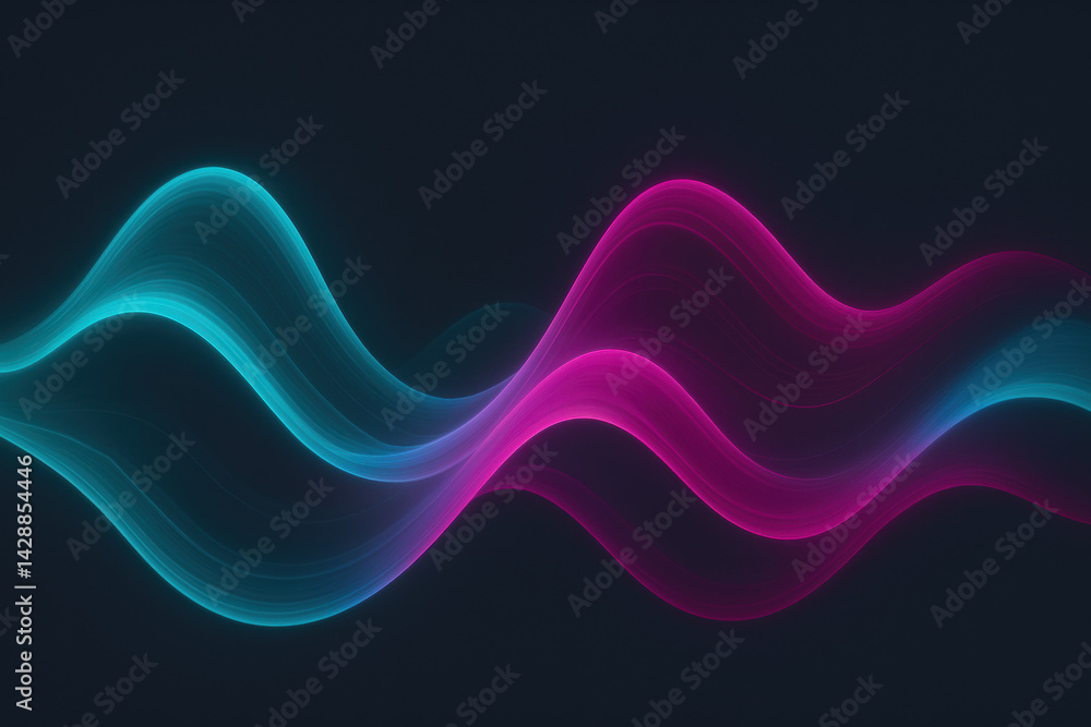 Poster dynamic abstract waveforms in vibrant cyan and magenta smoothly against a deep charcoal background s