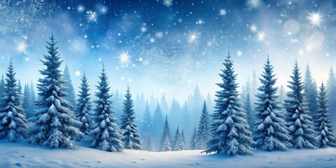 Naklejka premium Enchanted Winter Forest Scene with Sparkling Snow and Glimmering Lights in a Dreamlike Atmosphere