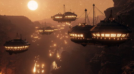 Dwarven Airships Over Twilight Canyon with Lanterns