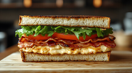 Club sandwich with turkey, bacon, lettuce, and tomato on toasted bread