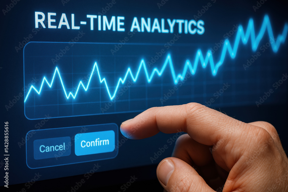 Poster a hand confirming data input on a real-time analytics dashboard illustrates strategic decision makin