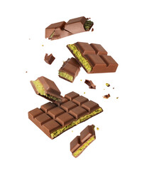 Crushed Dubai chocolate in the air isolated on a white background. Dubai chocolate is made with pistachio paste and kadayif