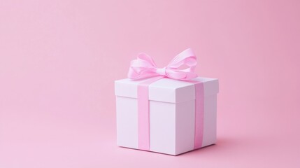 Obraz premium a delicate pastel pink backdrop showcases a pristine white gift box adorned with a soft pink ribbon and bow evoking sentiments of elegance celebration and heartfelt giving