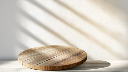 Natural round wooden table surface casting soft artistic shadows against sunlit white wall, minimalist mockup for product display