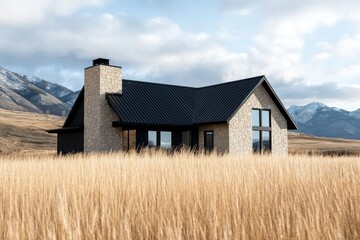 Obraz premium Modern stone house stands alone in a vast golden landscape surrounded by mountains under a cloudy sky during the afternoon light