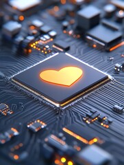 Glowing heart symbol on a computer circuit board