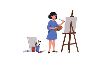 Fototapeta premium A young artist stands gracefully before her easel, immersed in creative expression