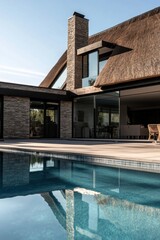 Obraz premium Modern house with a thatched roof reflecting in calm swimming pool on a sunny day, showcasing a blend of nature and contemporary architecture