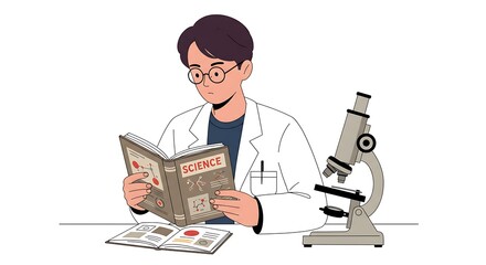 Scientist Reading Science Book with Microscope Studying Molecular Structures