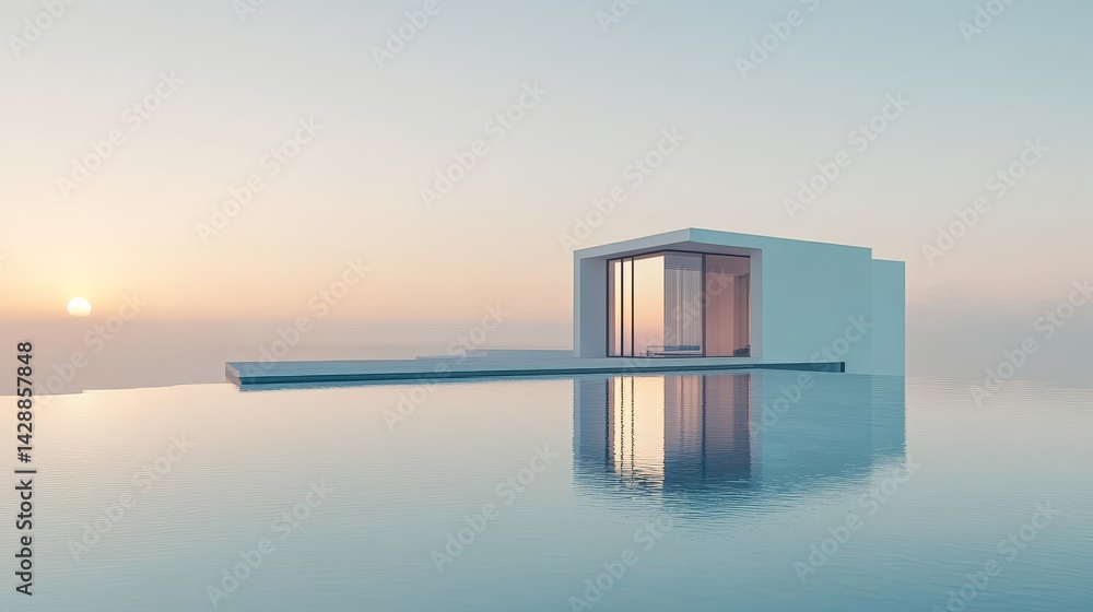 Poster minimalist architectural structure with abstract design, clean surface, sharp lines, soft blue tones
