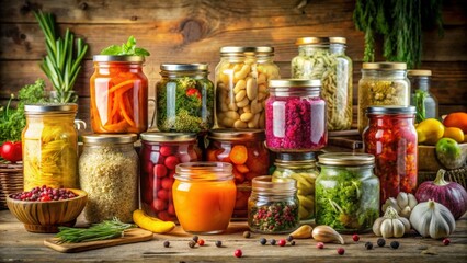 A Rustic Still Life Featuring an Assortment of Homemade Preserved Vegetables and Grains in Glass Jars