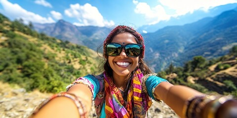 selfie of friendly indian woman in mountains 