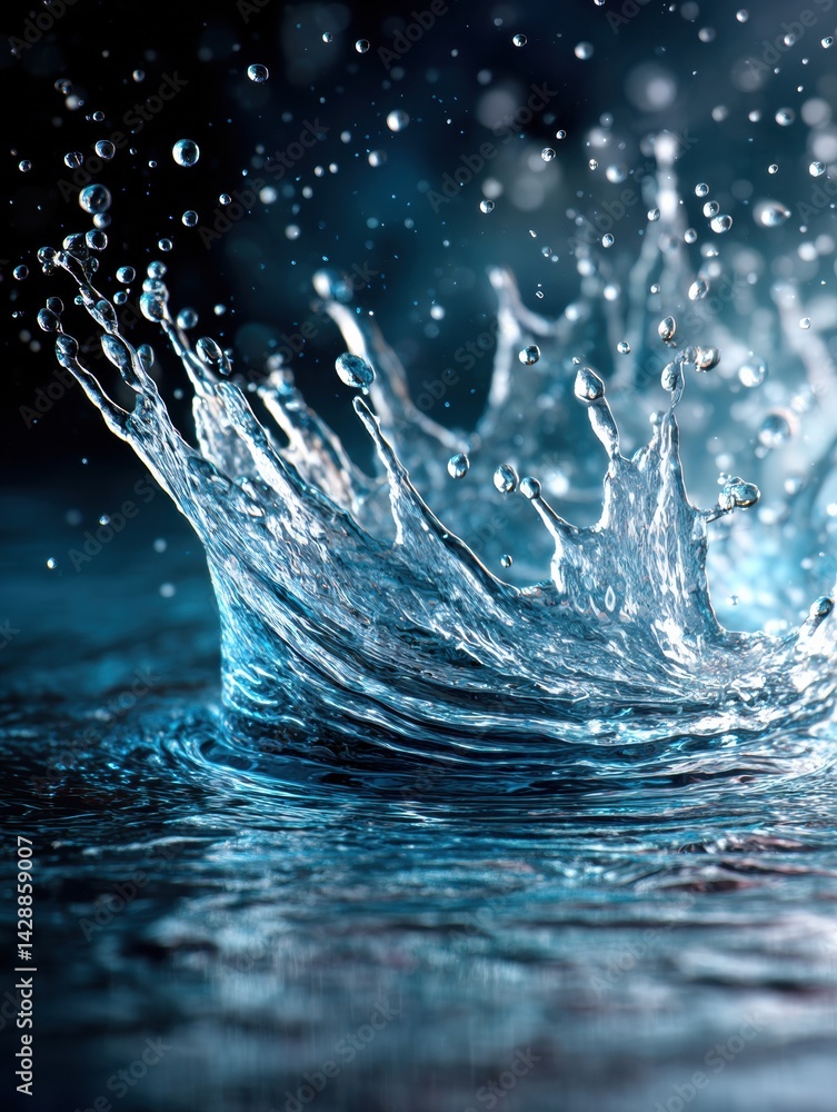 Poster frozen moment of water splash showcasing dynamic detail and shimmering droplets in a serene blue bac
