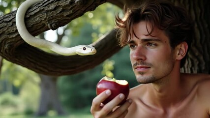 Adam and Eve's temptation in the garden, the story of the fall, snake, and apple, christian footage