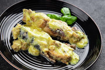 Mackerel fish fillet sauce mustard canned food seafood natural dish organic fresh tasty gourmet food background on the table rustic food top view copy space