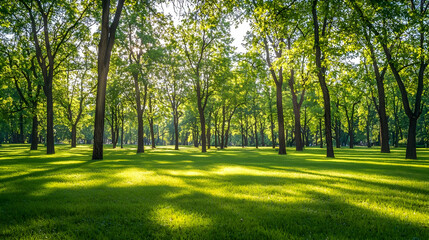 Fototapeta premium Sunny Forest Landscape With Green Grass And Sunlight