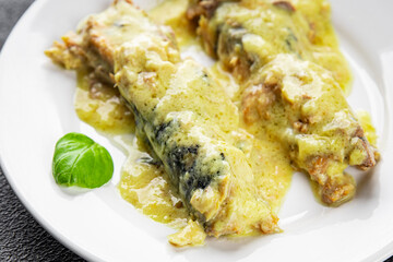 Mackerel fish fillet sauce mustard canned food seafood natural dish organic fresh tasty gourmet food background on the table rustic food top view copy space