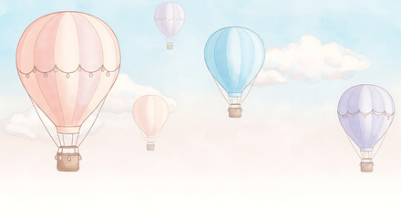 Pastel Hot Air Balloons Floating in a Dreamy Sky Watercolor Illustration