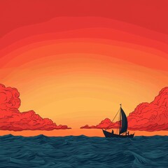 Naklejka premium Silhouette Sailboat at Sunset on Dark Blue Sea