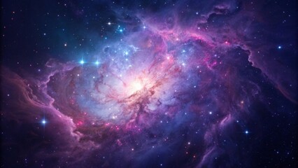 Bright nebula in space glowing in shades of purple blue and pink A vibrant cosmic scene filled with stars and colorful nebulae in deep space.
