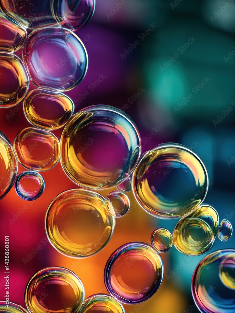 Poster colorful soap bubbles with reflections and rainbow highlights captured in close-up against a vibrant