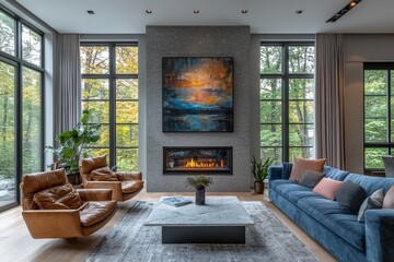  Bright Montreal living room with elegant fireplace, contemporary furniture, abstract art, and a warm color palette of blue, brown, and pink accents.