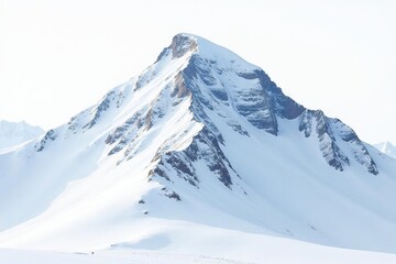 Snow covered mountain peak, stark white backdrop, summit, snow