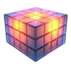 Glowing Cube: Abstract representation of interconnected technology. An intricate structure of glowing cubes, radiating warmth and energy, symbolizing the convergence of technology and data. 