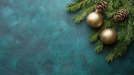atmospheric christmas still life featuring elegant golden ornaments and natural pine cones arranged on lush evergreen branches over a textured teal backdrop