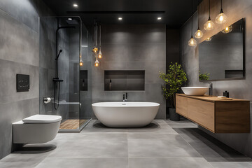 Modern bathroom with gray walls, a white bathtub and toilet in the middle of the room, a large mirror on the wall, gray floor tiles, lights hanging from the ceiling, and a neutral color scheme.