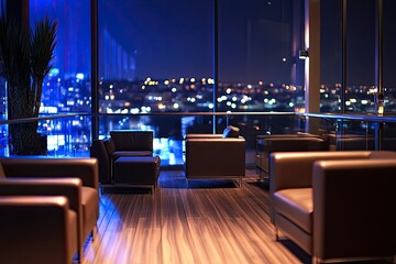 Close-up photo of a modern luxury hotel rooftop bar with glass walls overlooking the city. Comfortable leather sofas and chairs on a wooden floor, with blue hour lighting and reflections in the window