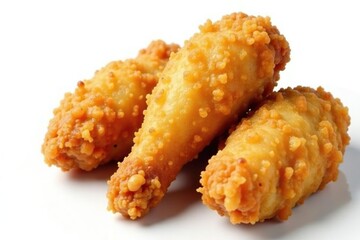 Crispy fried chicken pieces isolated on white, sauce, juicy, drumstick