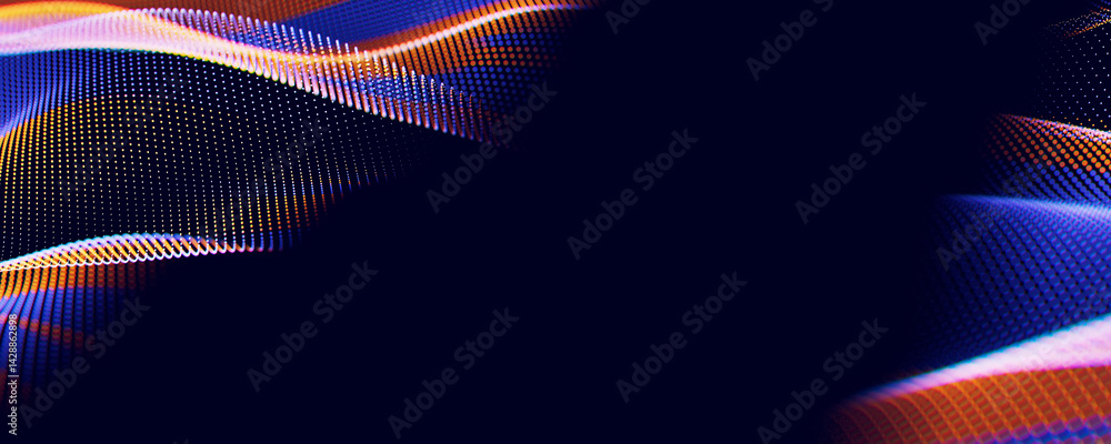 Poster abstract wave of particles. big data digital flow concept. llm learning process, ai technology. quan