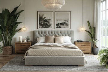 Modern bedroom with gray fabric headboard and footboard, beige velvet bedding, wooden bedside tables, and serene, minimalistic decor with soft lighting and natural sunlight.