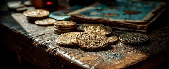 Ancient gold coins on weathered wooden surface