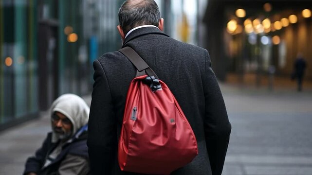 Man in Black Coat and Red Backpack Walking Away on City Street with Blurred Background